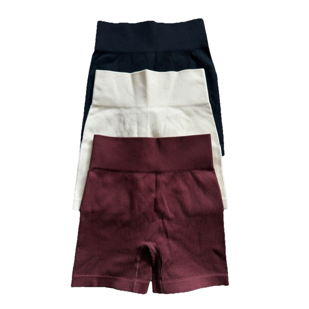 Women's High-Waisted Ribbed Seamless Workout Biker Shorts 3 Pair Size Small